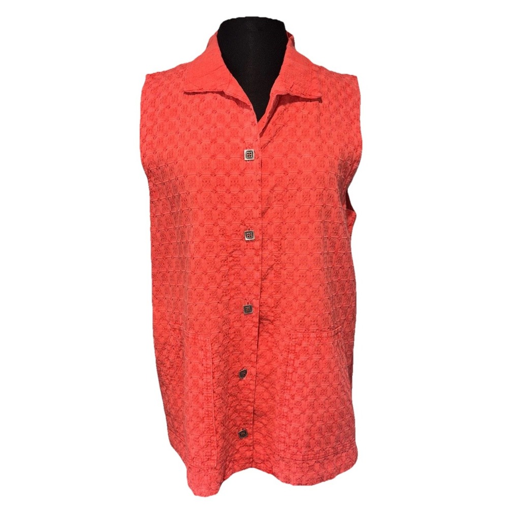 NEW Focus Casual Life Tunic Vest Button Up Size Med Orange Pockets 100% Cotton